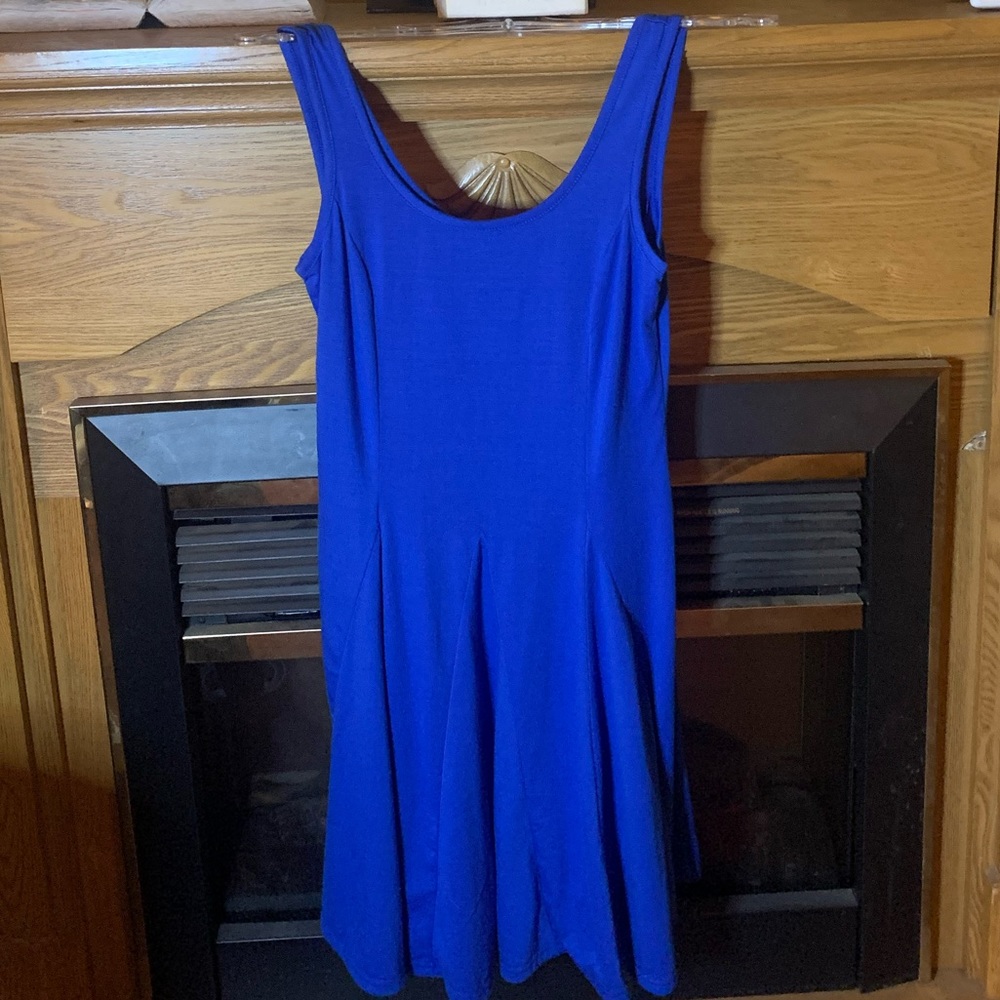 Blue Dress 
Arms Out 
Zipper Back 
Stretchy
Calf Length 
Size: Small (Women’s)